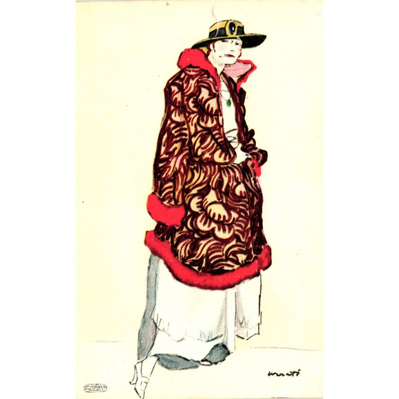Other - Postcard Glamour Woman Art Card in Coat and Hat Smoking Cigarette